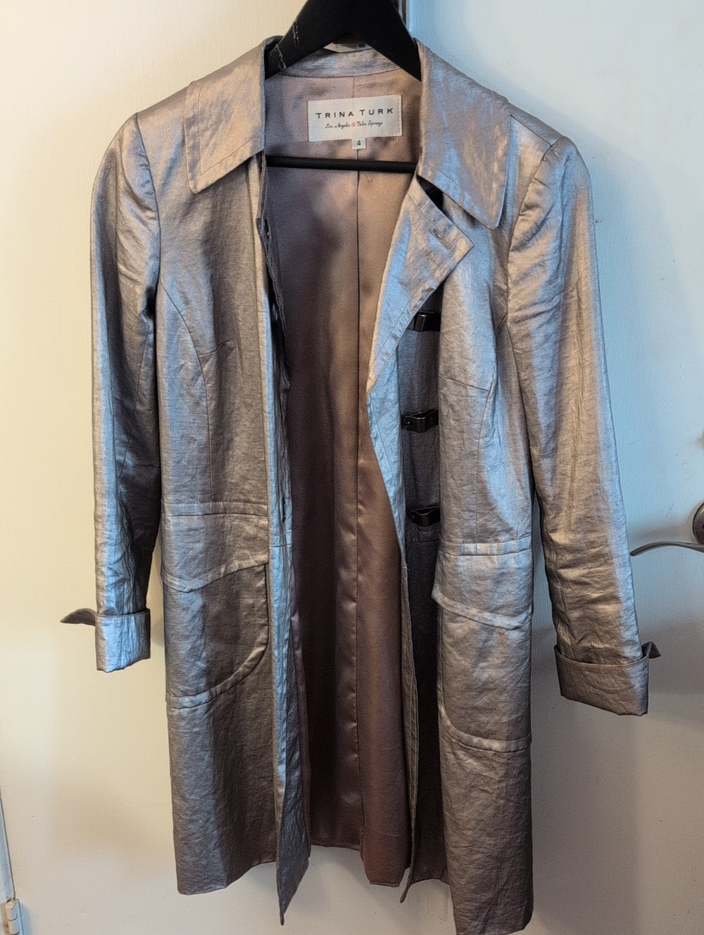 Trina Turk Silver Metallic Long Coat